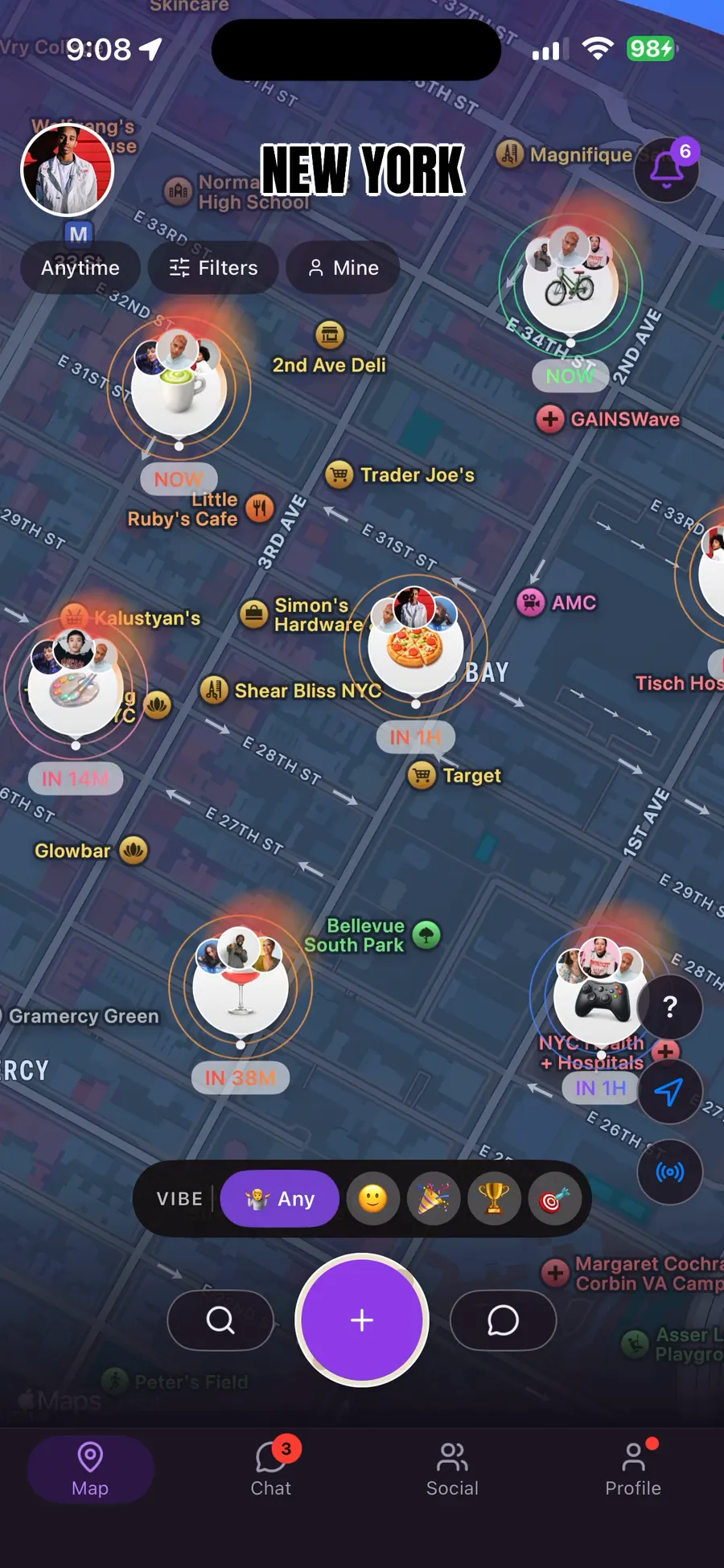 The Beacon map — live beacons across New York, filtered to the Any vibe.